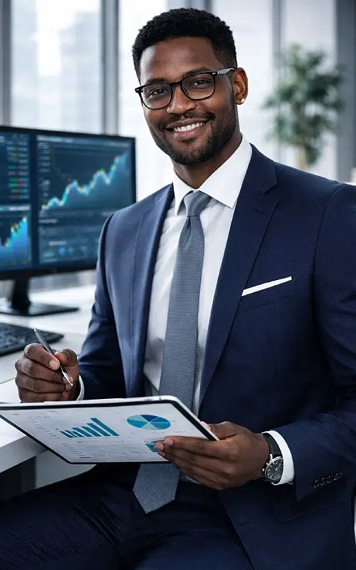 Homme en costume avec graphique financier