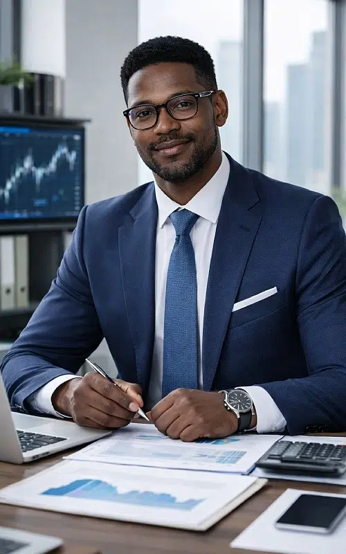 Homme en costume avec graphiques financiers
